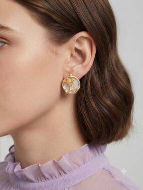 Gold Rose Stud Earrings with White Center